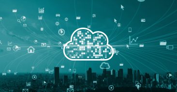 Data cloud over cityscape